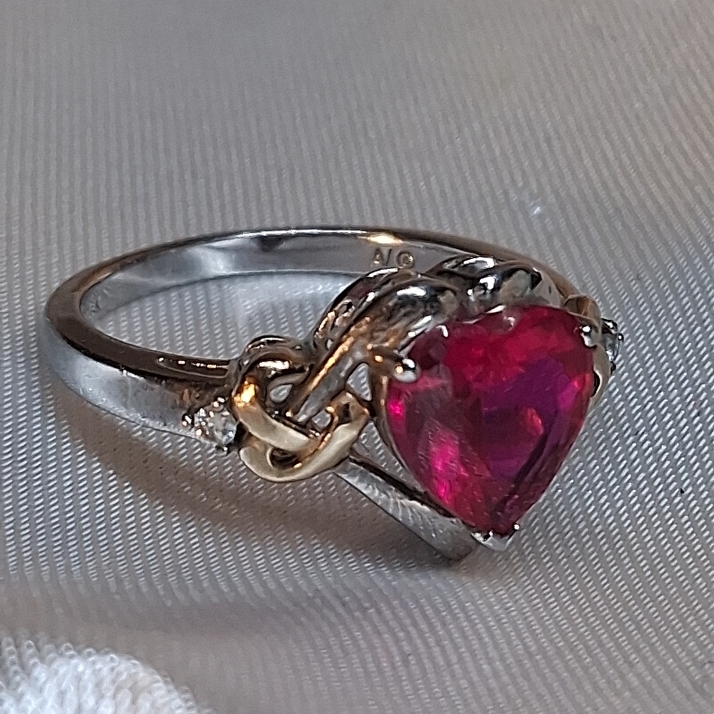 SOLD! P50.Faceted RUBY Heart Ring W Diamonds 925 Sterling Silver 14kt Gold Sz7